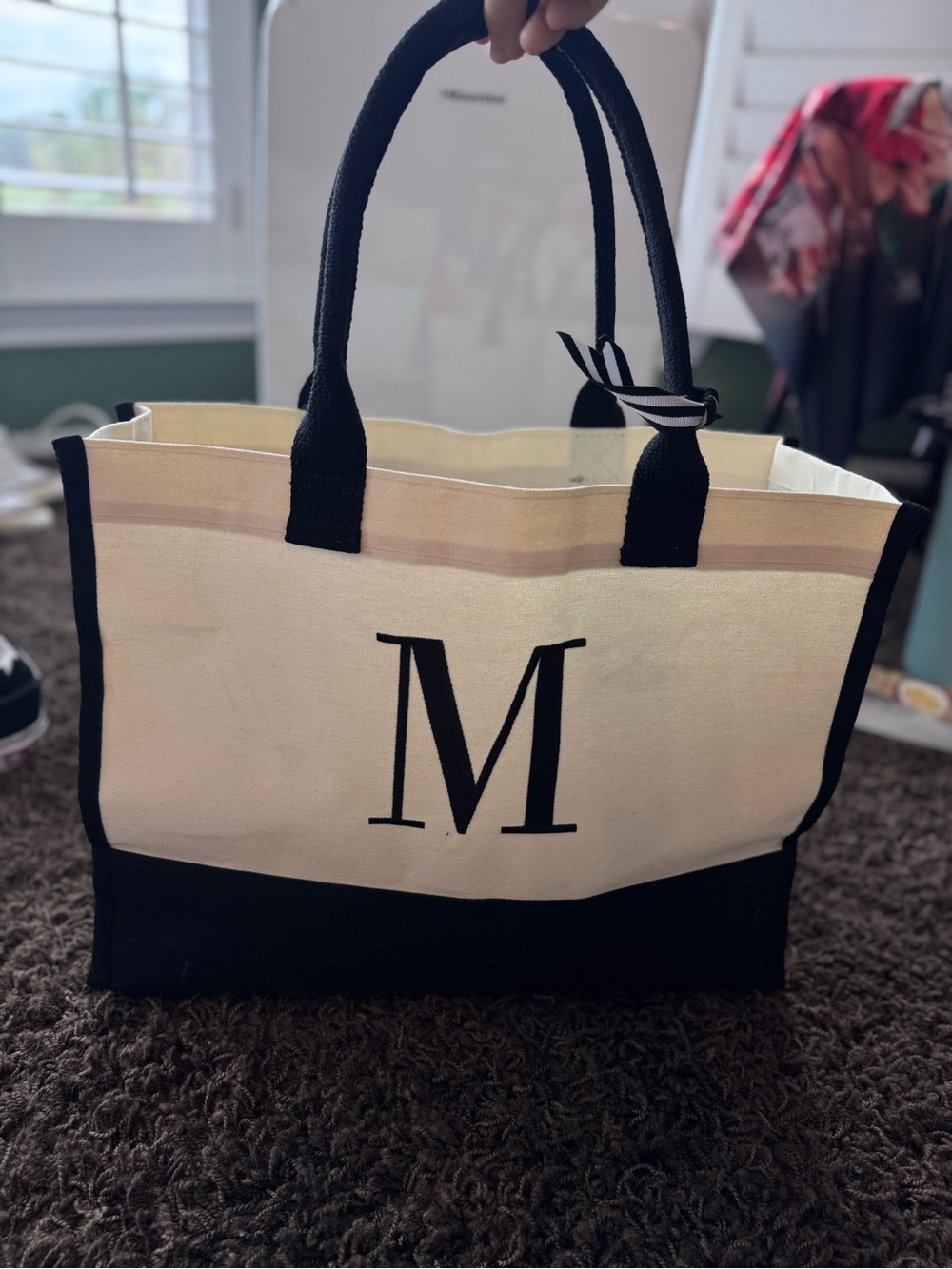 Cream and Black Monogram Canvas Tote Bag - M Initial